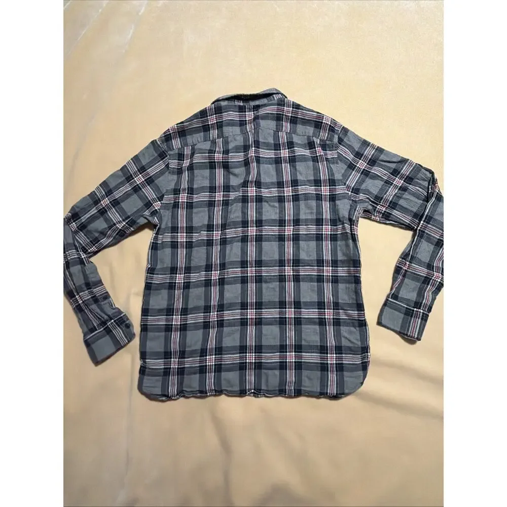 Banana Republic Men's Large Untucked Slim Fit Flannel Shirt Gray Navy Plaid
